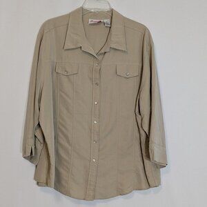 JOANNA Plus, Beige Soft Suede-Like Pearl Snap Blouse w 3/4 Sleeves; Size 3X